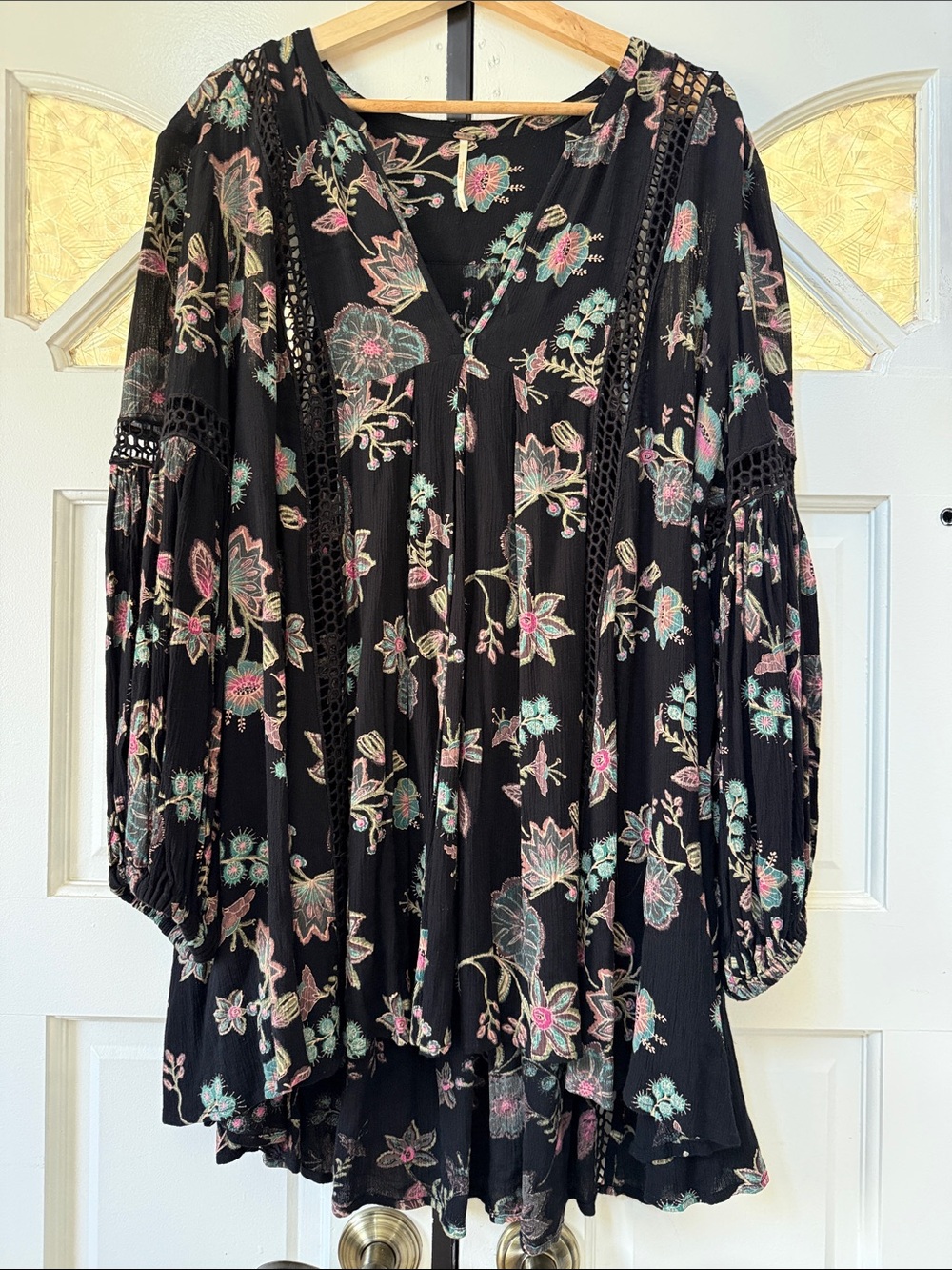 Free People Black Floral Mini Dress with Pink & Mint Accents